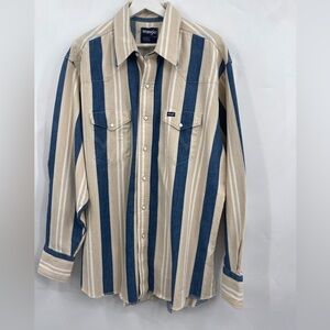 VTG Wrangler Western Denim Button Down Brushpopper Shirt Pearl Snaps X-Long Tail